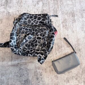 Leopard Print Backpack and Gray Clutch Set